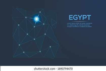 Egypt communication network map. Vector low poly image of a global map with lights in the form of cities. Map in the form of a constellation, mute and stars.