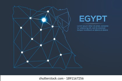 Egypt communication network map. Vector low poly image of a global map with lights in the form of cities. Map in the form of a constellation, mute and stars.