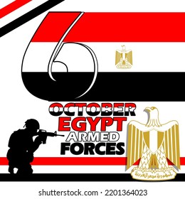 Egypt country flag with bold text and army illustration with egypt flag symbol icon and ribbon on white background, Egypt Armed Forces Day on October 6