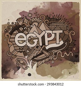 Egypt country hand lettering and doodles elements and symbols emblem. Vector watercolor stains background