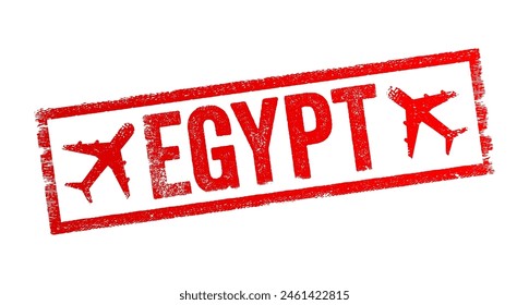 Egipto es un país situado en el norte de África, con su capital en El Cairo, sello de texto emblema con avión