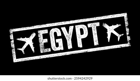 Egypt is a country located in North Africa, with its capital in Cairo, text emblem stamp with airplane
