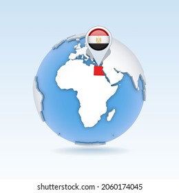 Egypt - country map and flag located on globe, world map. 3D Vector illustration