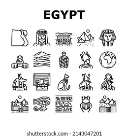 Egypt Country Monument Excursion Icons Set Vector. Egypt Pyramid And Sphinx Antique Construction, Pharaoh And Egyptian God, Hieroglyph And Desert, Abu Simbel And Giza City Black Contour Illustrations