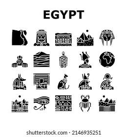 Egypt Country Monument Excursion Icons Set Vector. Egypt Pyramid And Sphinx Antique Construction, Pharaoh Egyptian God, Hieroglyph Desert, Abu Simbel And Giza City Glyph Pictograms Black Illustrations