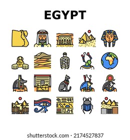 Egypt Country Monument Excursion Icons Set Vector. Egypt Pyramid And Sphinx Antique Construction, Pharaoh And Egyptian God, Hieroglyph And Desert, Abu Simbel And Giza City Color Illustrations