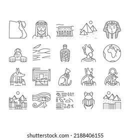 Egypt Country Monument Excursion Icons Set Vector. Egypt Pyramid And Sphinx Antique Construction, Pharaoh And Egyptian God, Hieroglyph And Desert, Abu Simbel And Giza City Black Contour Illustrations