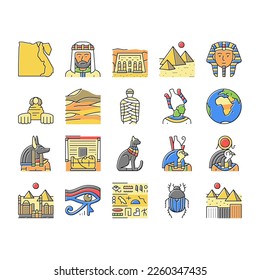 Iconos de Excursión de Monumento al País de Egipto Set Vector. Ilustraciones De Color De Las Ciudades De Abu Simbel Y Giza, Pirámide Y Esfinge Egipcias, Faraón Y Dios Egipcio, Hieroglífico Y Desierto