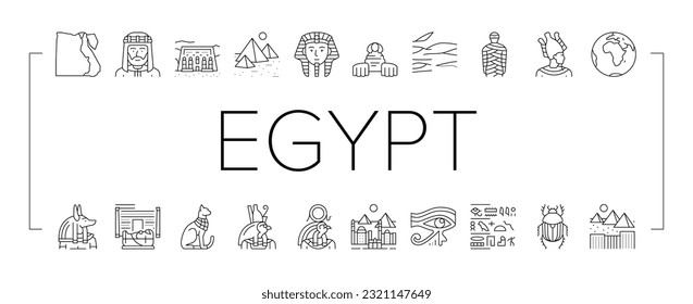 Egypt Country Monument Excursion Icons Set Vector. Egypt Pyramid And Sphinx Antique Construction, Pharaoh And Egyptian God, Hieroglyph And Desert, Abu Simbel And Giza City Black Contour Illustrations