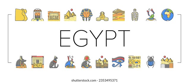 Egypt Country Monument Excursion Icons Set Vector. Egypt Pyramid And Sphinx Antique Construction, Pharaoh And Egyptian God, Hieroglyph And Desert, Abu Simbel And Giza City Color Illustrations