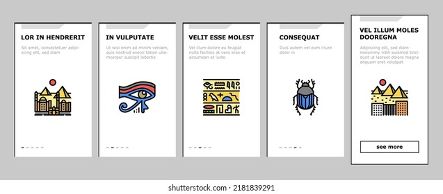 Ägypten Country Monument Exkursion Onboarding Mobile App Page Screen Vector. Ägypten Pyramid und Sphinx Antiquitätenbau, Pharao Ägyptische Gott, Hieroglyph Wüste, Abu Simbel Giza City Illustrationen