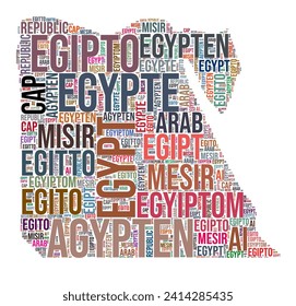Egypt country shape word cloud. Typography style country illustration. Egypt image in text cloud style. Vector illustration.