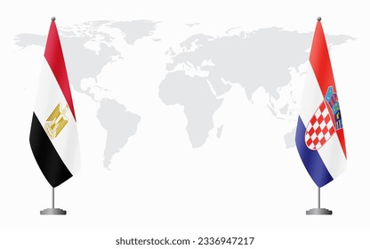 Egypt and Croatia flags for official meeting against background of world map.