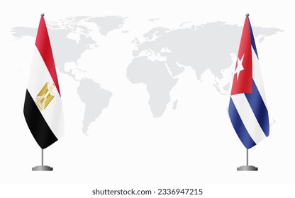 Egypt and Cuba flags for official meeting against background of world map.