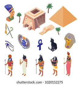 Egipto símbolos culturales monumentos lugares y atracciones colección de iconos isométricos con ropa étnica nativa aislada ilustración vectorial 