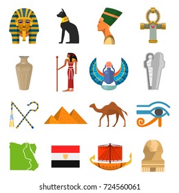 Egypt culture set. Ancient earliest civilization, history and mythology symbols. Egypt vector icon flat style cartoon illustration isolated on white background.