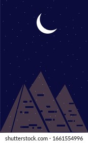 Egypt desert background illustration with moon, pyramids and star at night. Vector template for mobile phone screen saver landscape of Egypt famous landmarks. Smartphone background theme and wallpaper