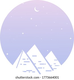Egypt desert background illustration with moon, pyramids and stars in the sky. Blue and purple vector template landscape of Egypt famous landmarks. Background theme and wallpaper.