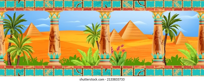 Egypt desert landscape, Egyptian ancient stone column, palm tree vector pyramid palace background. Sand dune hills, oasis green plants, panoramic Arabic view, old civilization temple. Egypt landscape