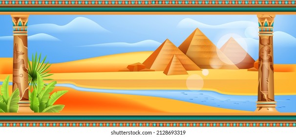 Egypt desert landscape, old stone column ornament, vector ancient Egyptian pharaoh temple background. River, sky, Egypt panoramic game landscape. Pyramid monument tomb nature view, palm leaf sand dune