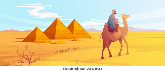 Egypt desert landscape with pyramids and camels caravan. Egyptian ancient architecture at sand dunes under blue cloudy sky and bedouins waking on horizon in African Sahara Cartoon vector illustration