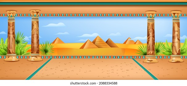 Egypt desert landscape, vector ancient Egyptian pharaoh temple background, old stone column ornament. Pyramid monument tomb nature view, sand dune, palm leaf. Egypt panoramic game landscape, blue sky