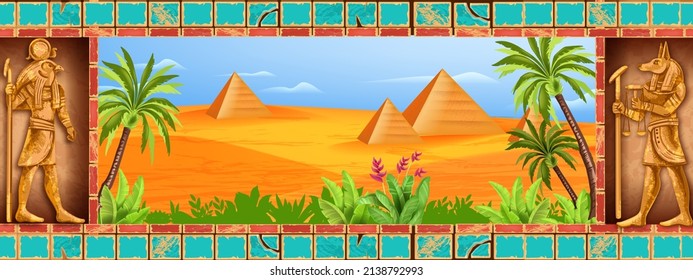 Egypt desert landscape, vector Egyptian pyramid background, ancient stone temple frame, god statue. Sand dune hills, oasis palm tree, panoramic Sahara view. Egypt landscape old civilization palace