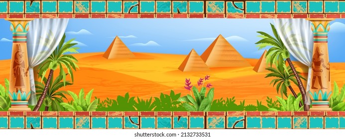 Egypt desert landscape, vector pyramid palace background, Egyptian ancient stone column, palm tree. Sand dune hills, oasis green plants, old civilization temple, panoramic Arabic view. Egypt landscape