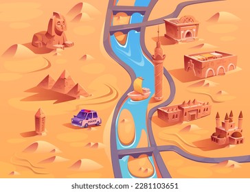 Egypt desert map background for game level scene cartoon illustration. Stylized mosque, temple and pyramid in sand hot enviroment with police car. Bridge and river near path through buildings in dune.