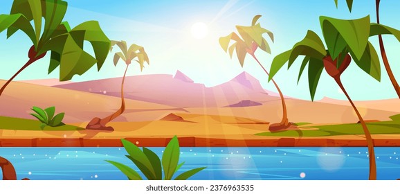 Egypt desert with nile river and palm tree vector illustration. Egyptian sand terrain game landscape scene. Sunlight ray in drought fantasy and mysterious location with water and green grass