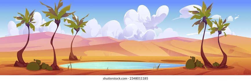 Egypt desert oasis with pond and palm tree landscape background. Cloud sky and empty sand hills cartoon sahara backdrop. African mirage panorama illustration with lake water and drought environment