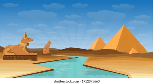 Egypt desert with  pyramid Egyptian deity Anubus and Ailuros and Nile