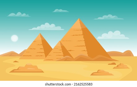 Egypt desert with pyramids. Africa landscape background. Egyptian town Giza. Ancient history tomb. Sand scenery. Architecture landmark. Old buildings. Vector cartoon scenic panorama concept