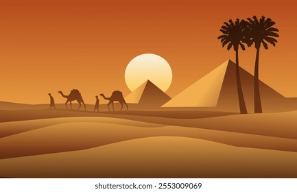 Egypt desert sunset landscape illustration with traveller and camels