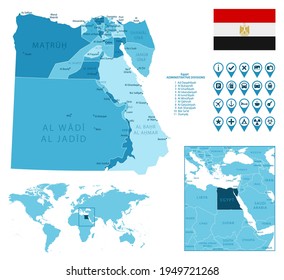 Egypt detailed administrative blue map with country flag and location on the world map.