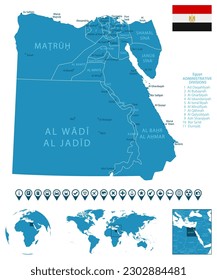 Egypt - detailed blue country map with cities, regions, location on world map and globe. Infographic icons. Vector illustration