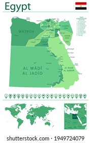 Mapa y bandera detallados de Egipto. Egipto en el mapa del mundo.