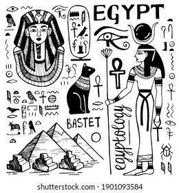 Egypt doodle icon set. Ancient culture, hieroglyphic writing, pharaohs, gods and queens of Egypt. Tourist attractions. Archeology and history. Hand drawn vector illustration.