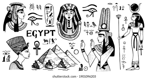 Egypt doodle icon set. Egyptian Vector illustration collection. Ancient culture. Pyramids of Egypt, egyptian pharaoh, egyptian queens, ancient symbols. 