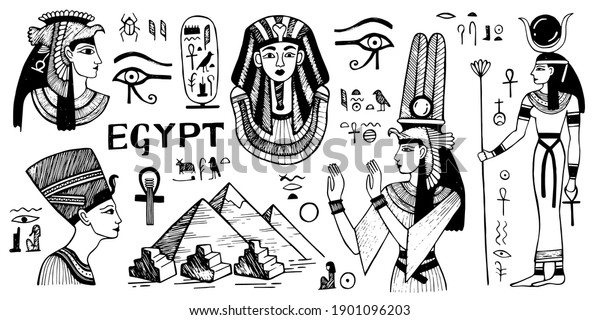 Egypt doodle icon set. Egyptian Vector\
illustration collection. Ancient culture. Pyramids of Egypt,\
egyptian pharaoh, egyptian queens, ancient symbols.\
