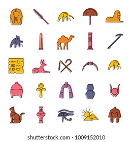 Egypt doodle Icons set. Vector illustration with Egypt object with pharaon, mummy and camel. Egypt culture and traditions. Historic objects.