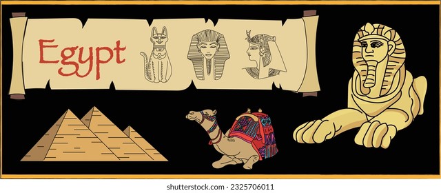 Egypt Drawing Vector, Pyramid, Sphinx