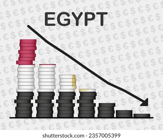 El colapso económico de Egipto, la disminución de los valores con monedas, la crisis y el concepto de degradación, la bandera de Egipto con cambios, la flecha en caída, la idea de banner de noticias, el fracaso y la disminución, la decadencia financiera