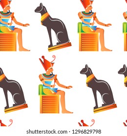 Egypt and Egyptian mythological signs seamless pattern isolated background vector. Cat and ankh, nefertiti and anubis god, pyramids and ra, creatures with dog head. Pharaoh and ancient culture art