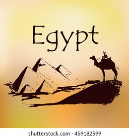 Egypt. Egyptian pyramids in the sand for a background poster, travel agency advertising. Camel in the hot desert. Vector illustration.