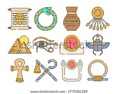 Egypt Element Icons flat design style featuring ancient symbols, pyramids, scarab, papyrus, and cultural artifacts, perfect for history, travel, education, and heritage designs.