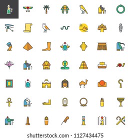 Egypt elements filled outline icons set, line vector symbol collection, linear colorful pictogram pack. Signs, logo illustration, Set includes icons as Hieroglyph, Pharaoh, Papyrus, Pyramid, Nefertiti