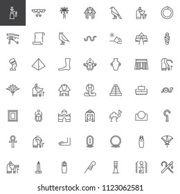 Egypt elements outline icons set. linear style symbols collection, line signs pack. vector graphics. Set includes icons as Pipe, Hieroglyph, Pharaoh, Papyrus, Pyramid, Nefertiti, Scarab, Amphora