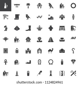 Egypt elements vector icons set, modern solid symbol collection, filled style pictogram pack. Signs, logo illustration. Set includes icons as Pipe, Hieroglyph, Pharaoh, Papyrus, Pyramid, Nefertiti