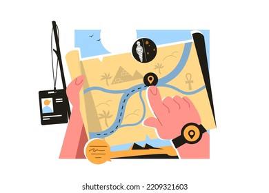 Egypt explore map with pin location tag vector illustration. Traveller hand pointing on attraction place flat concept